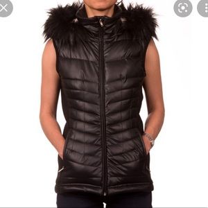 Nanette Lepore Black Puffer Vest with Detachable Fur-Trimmed Hood